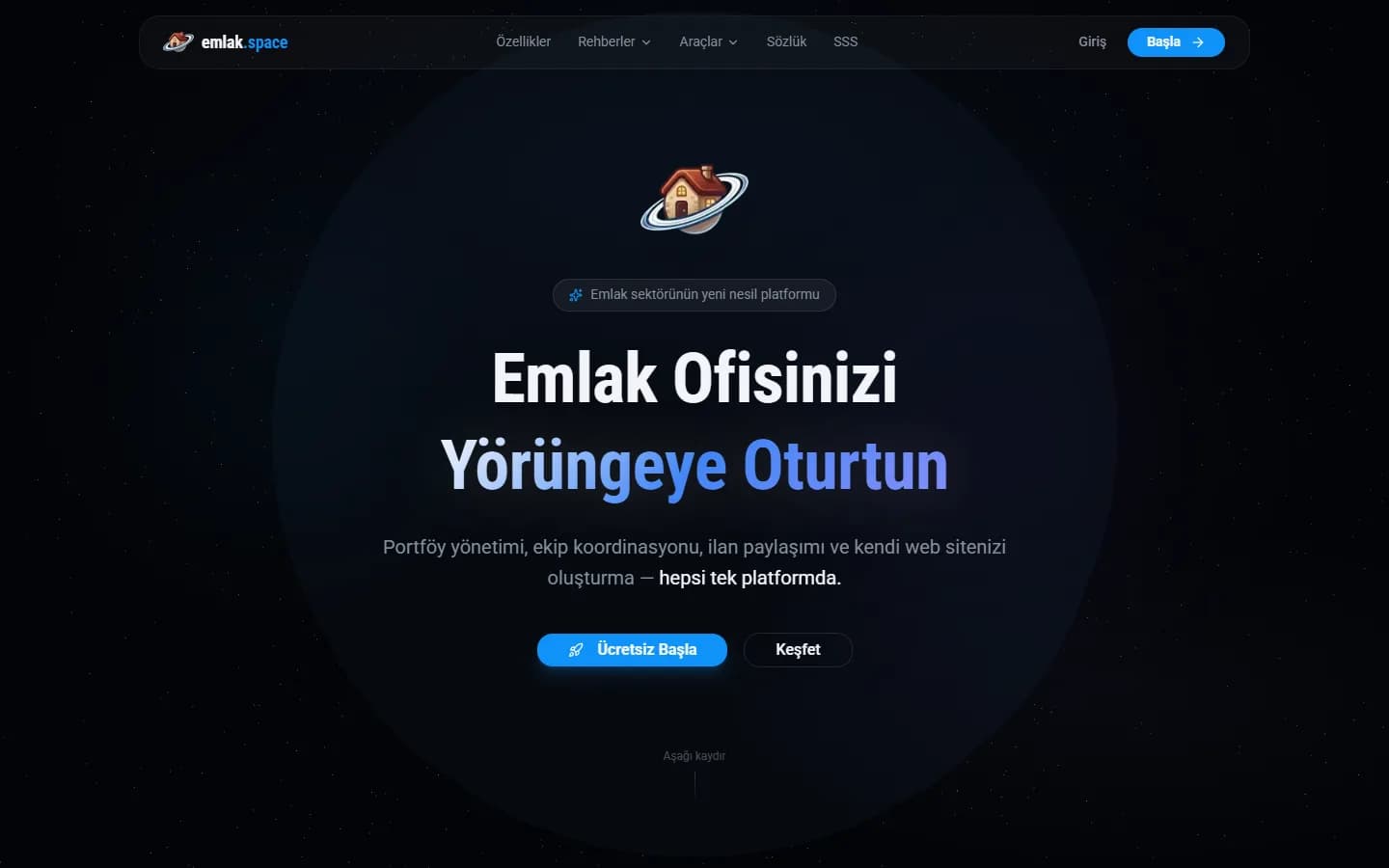 emlak.space ana sayfası: yıldızlı koyu zeminde 'Emlak Ofisinizi Yörüngeye Oturtun' başlığı