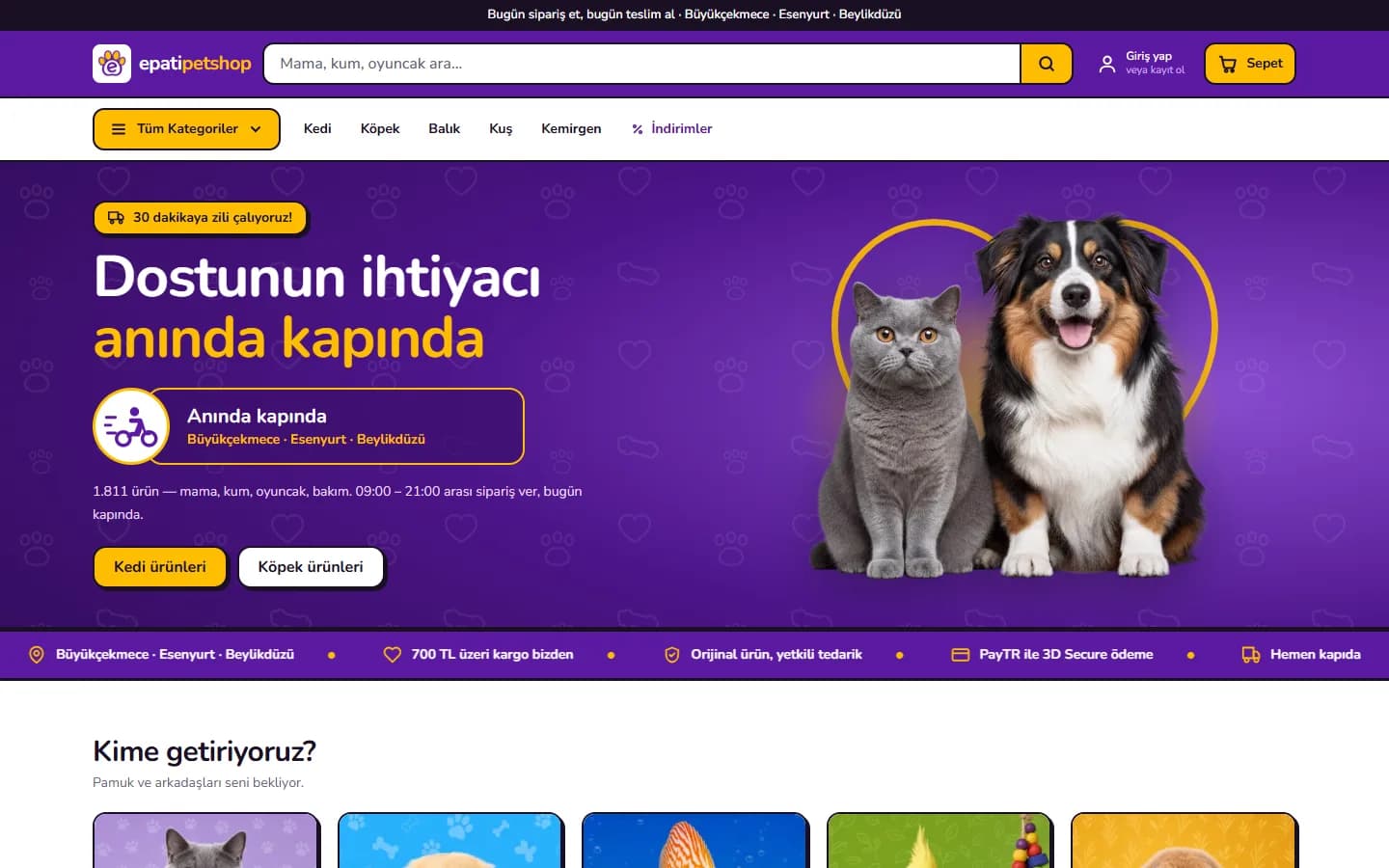 Epati Petshop ana sayfası: mor zeminde kedi ve köpek görseli, arama çubuğu ve kategori menüsü