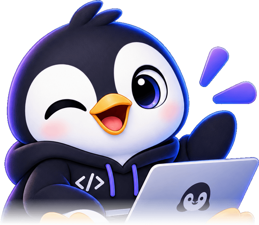 The Puki mascot: a penguin in a hoodie, winking and waving from behind a laptop